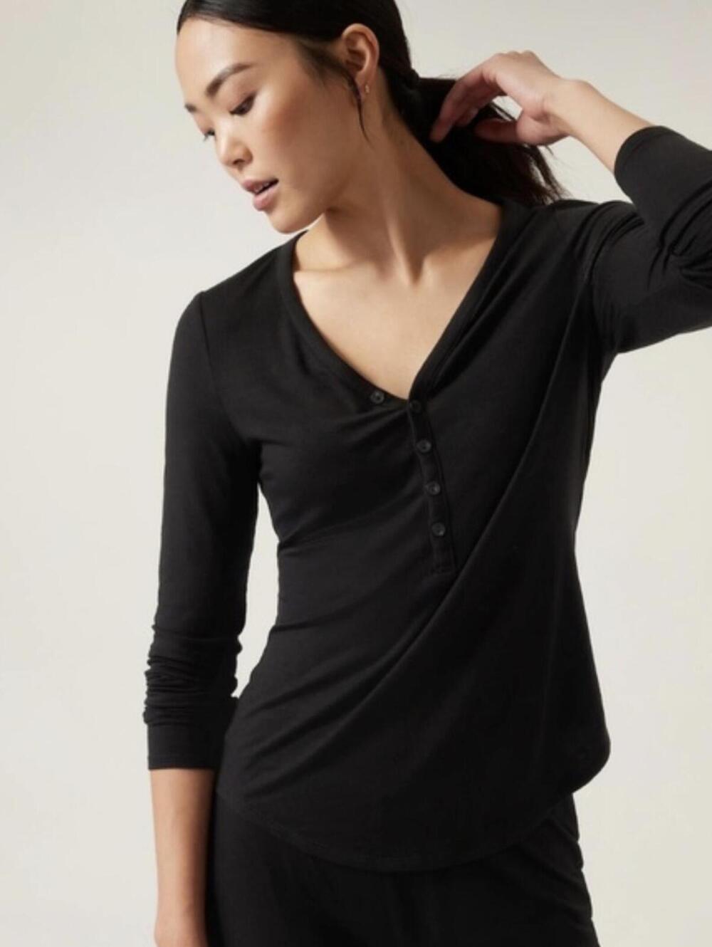 Athleta Wind Down Sleep Top Black Waffle Henley NWOT